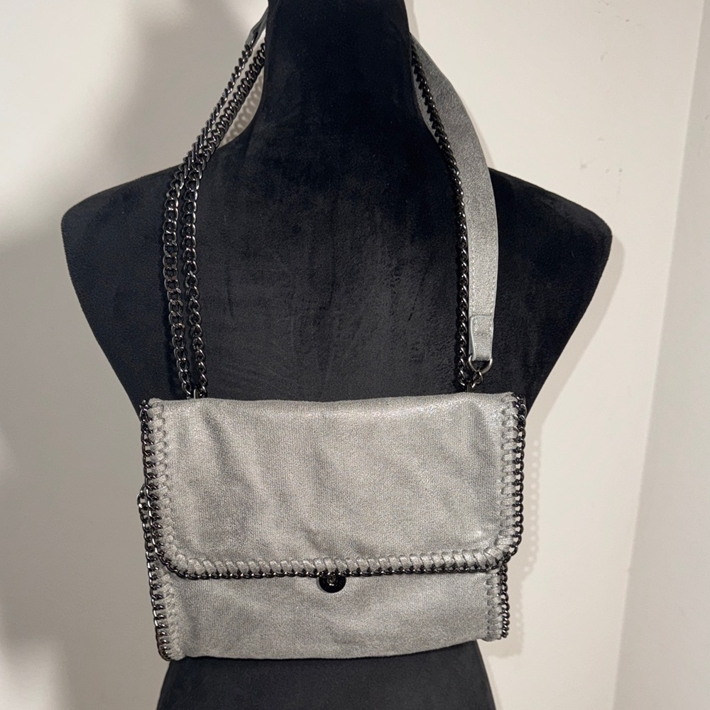 Gray soft faux suede Silver tone Chain-Trim Shoulder Bag Crossbody handbag